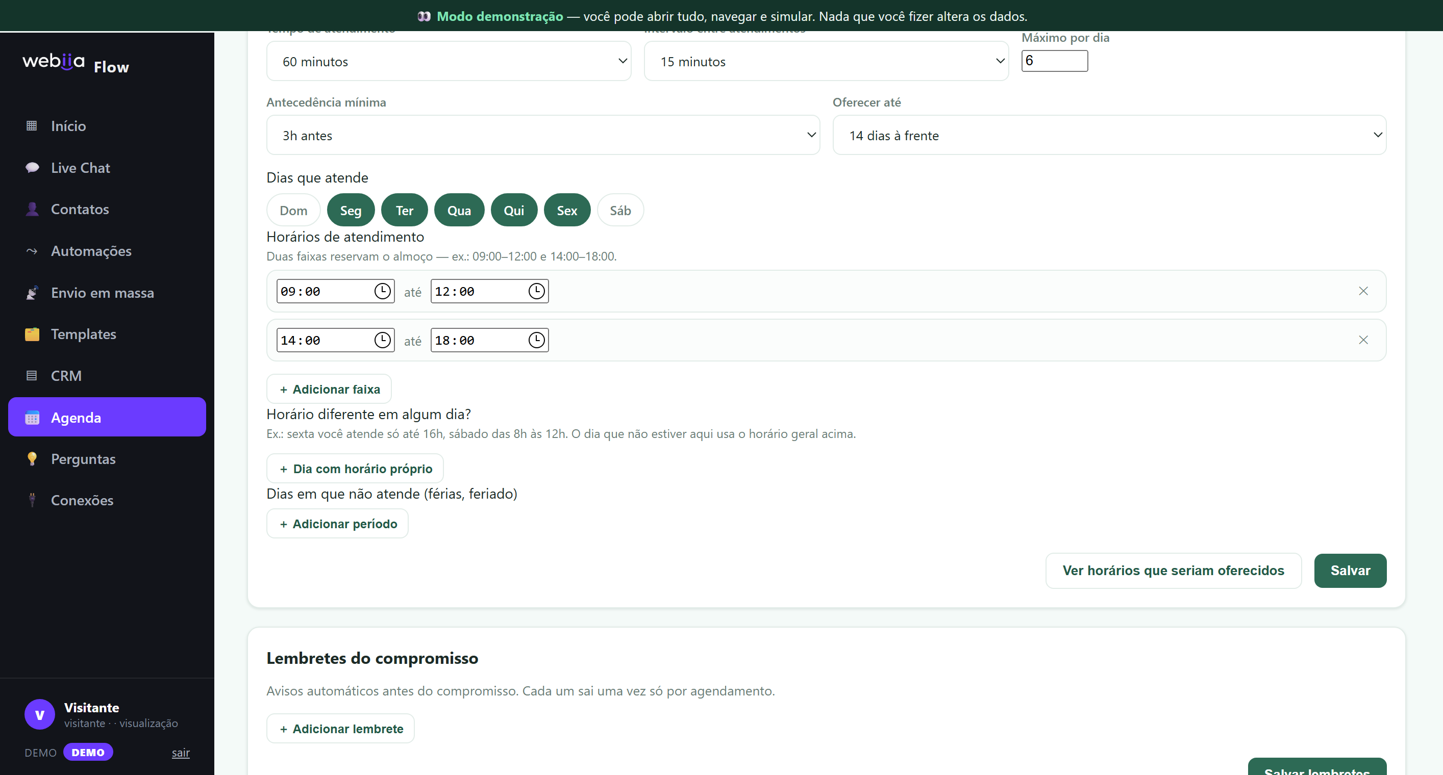 Tela de configuração da agenda do Webiia Flow, com tempo de atendimento, intervalo, máximo por dia, dias e faixas de horário