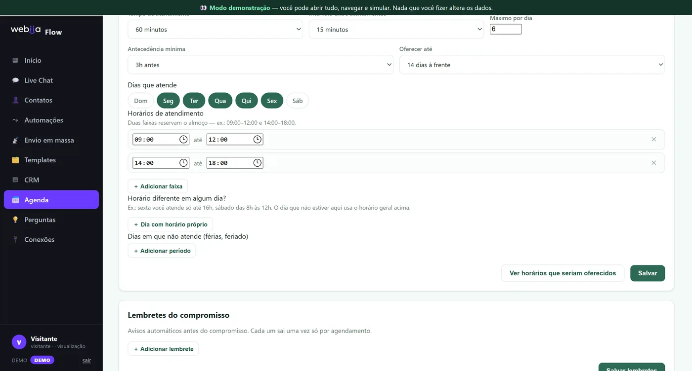Tela de configuração da agenda do Webiia Flow, com tempo de atendimento, intervalo, máximo por dia, dias e faixas de horário