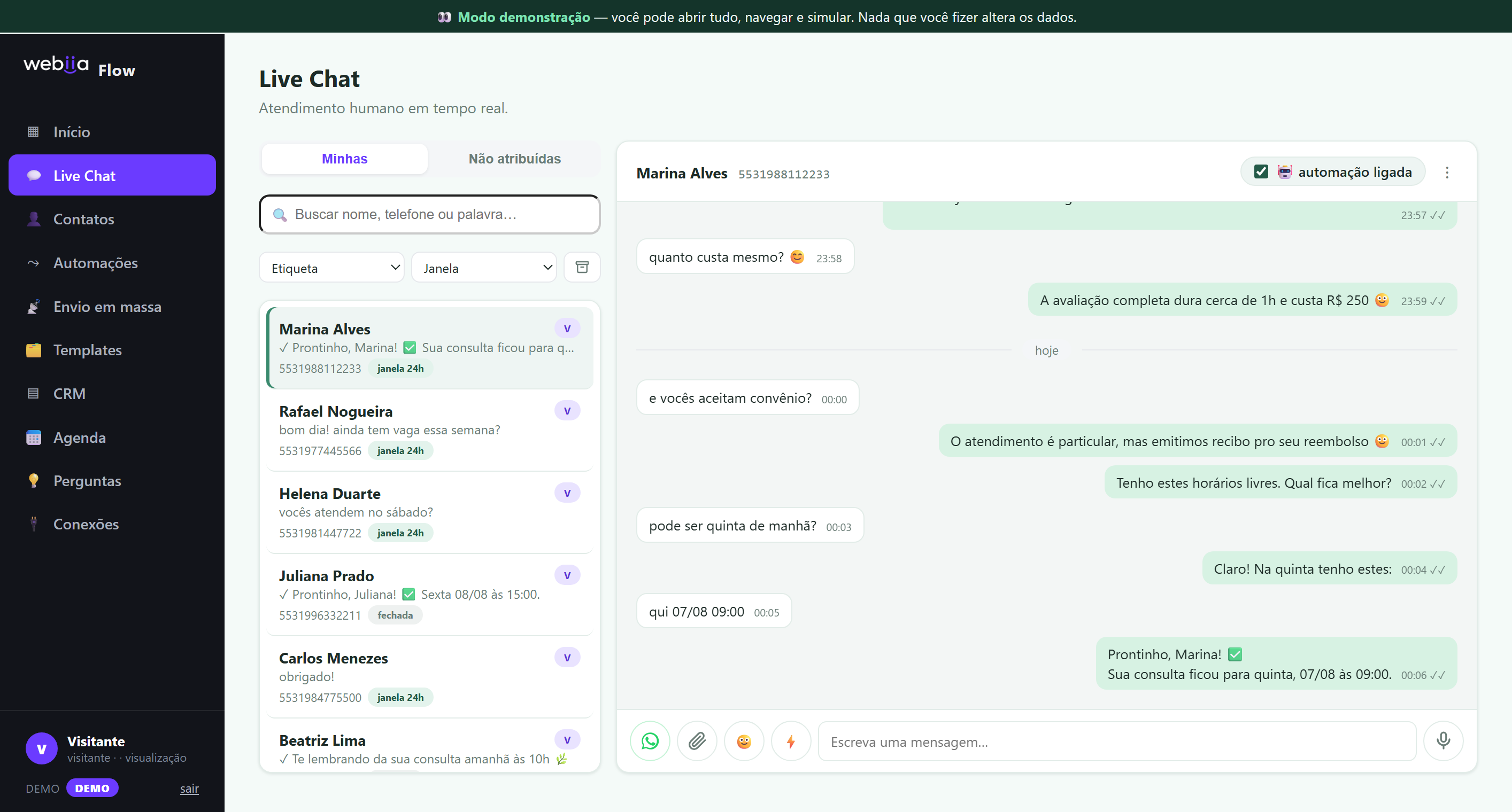 Painel do Webiia Flow na tela Live Chat, com a lista de conversas à esquerda e o atendimento da Marina aberto à direita