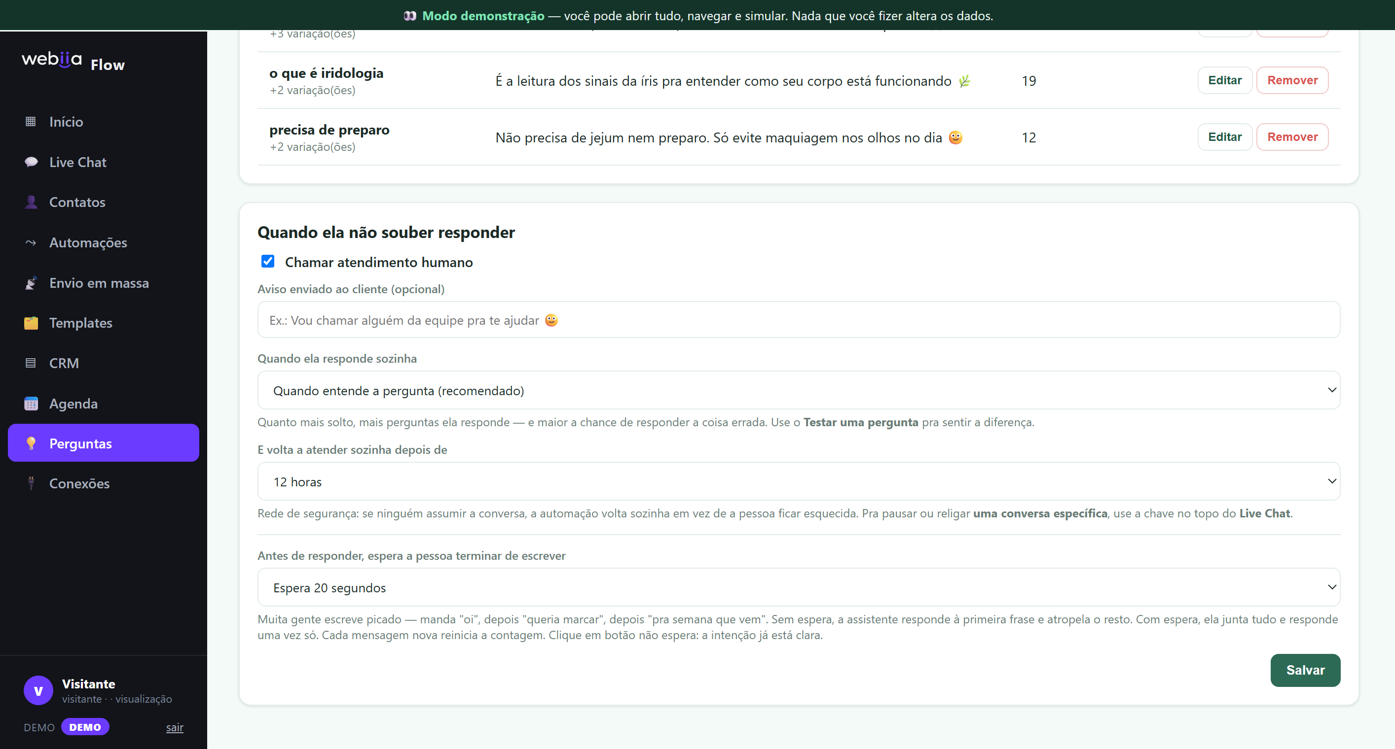 Tela de perguntas e respostas do Webiia Flow, com cinco perguntas cadastradas e a contagem de quantas vezes cada uma foi usada