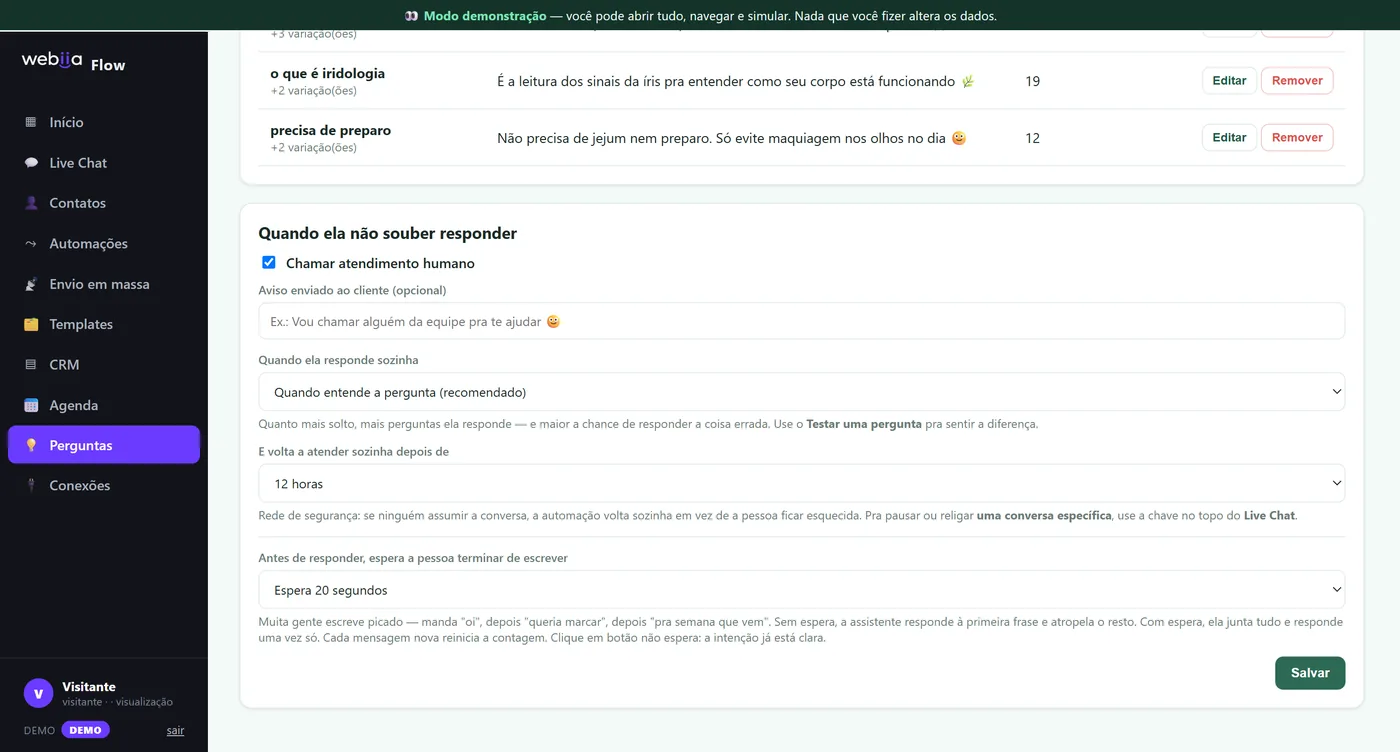 Tela de perguntas e respostas do Webiia Flow, com cinco perguntas cadastradas e a contagem de quantas vezes cada uma foi usada